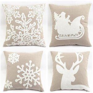 Pack of 4 Christmas Pillow Covers Embroidery Sleigh Snowflakes Winter Decorative